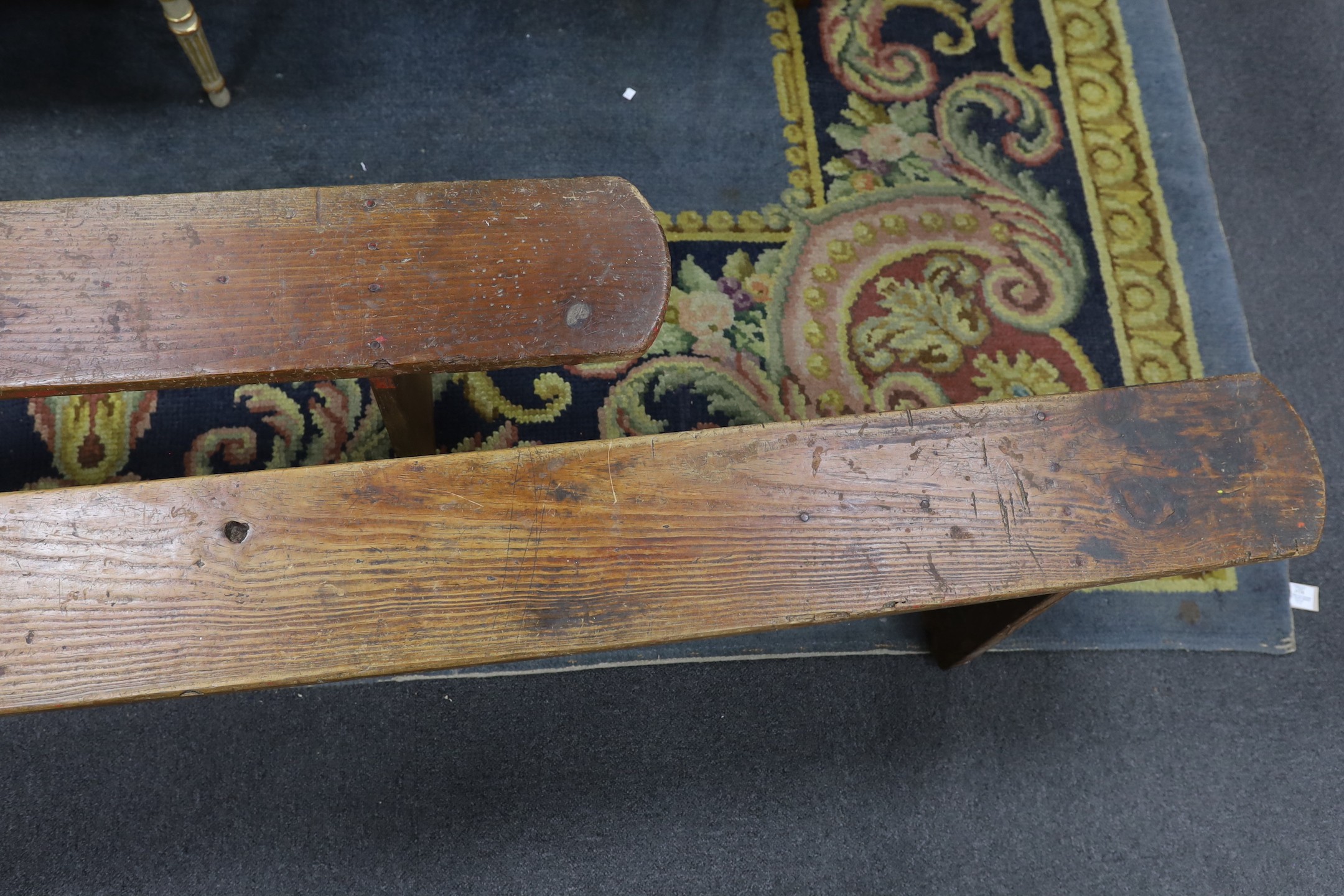 A pair of 19th century provincial elm bench seats, length 199cm, height 46cm
